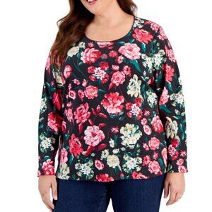 NEW! Karen Scott Floral‎ Top Long Sleeve Plus 3X Cotton Blend Black Red Pink